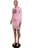 Pink Fashion Print Christmas Tree Printed Bandage Pocket Hooded Collar One Step Skirt Dresses