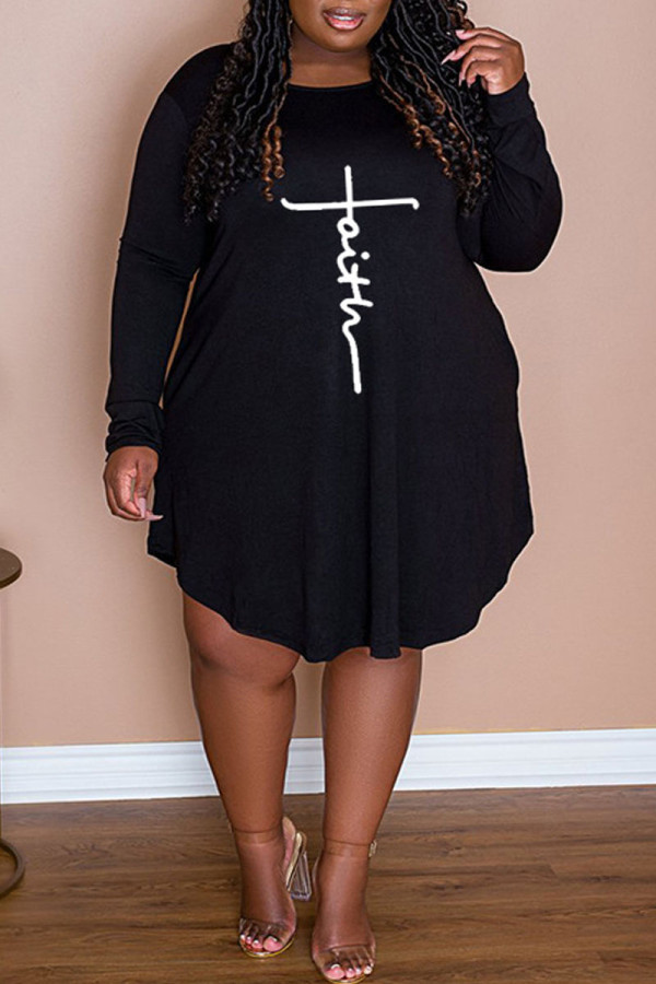 Black Casual Print Split Joint O Neck A Line Plus Size Dresses