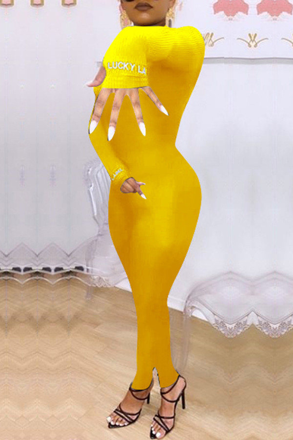 Yellow Fashion Casual Letter Embroidery Solid Color Turtleneck Skinny Jumpsuits
