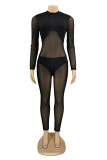 Black Fashion Sexy Patchwork See-through O Neck Skinny Jumpsuits
