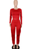 Red Casual Solid Tassel Patchwork O Neck Long Sleeve Two Pieces