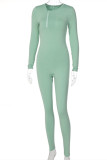 Green Fashion Casual Solid Patchwork Zipper O Neck Skinny Jumpsuits