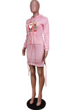 Pink Fashion Print Santa Claus Bandage Pocket Hooded Collar One Step Skirt Dresses