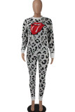Cream White Casual Print Patchwork O Neck Long Sleeve Two Pieces