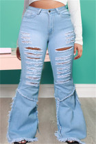 Baby Blue Fashion Casual Solid Ripped Split Joint Plus Size Jeans