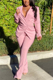 Pink Fashion Casual Long Sleeve Turndown Collar Regular Sleeve Regular Solid Two Pieces
