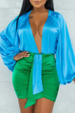 Turquoise Fashion Sexy Solid Frenulum Asymmetrical V Neck Long Sleeve Two Pieces