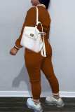 Brown Casual Solid Patchwork Buckle Long Sleeve Two Pieces