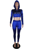 Blue Fashion Casual Letter Embroidery Solid Color Zipper Collar Long Sleeve Two Pieces