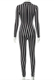 Black Fashion Casual Striped Print Basic V Neck Skinny Jumpsuits