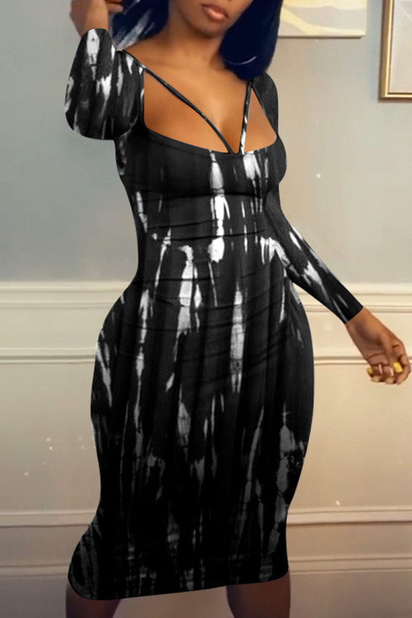 Black Sexy Print Patchwork U Neck One Step Skirt Dresses