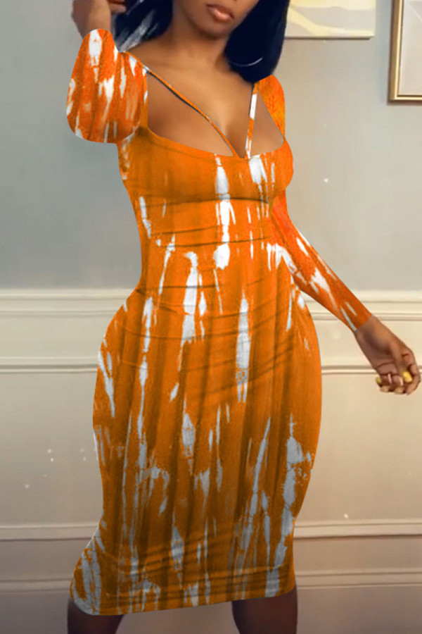 Orange Sexy Print Patchwork U Neck One Step Skirt Dresses