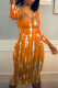 Orange Sexy Print Patchwork U Neck One Step Skirt Dresses