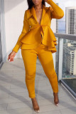 Orange Fashion Casual Solid Split Joint Flounce Turndown Collar Long Sleeve Two Pieces