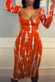 Red Sexy Print Patchwork U Neck One Step Skirt Dresses
