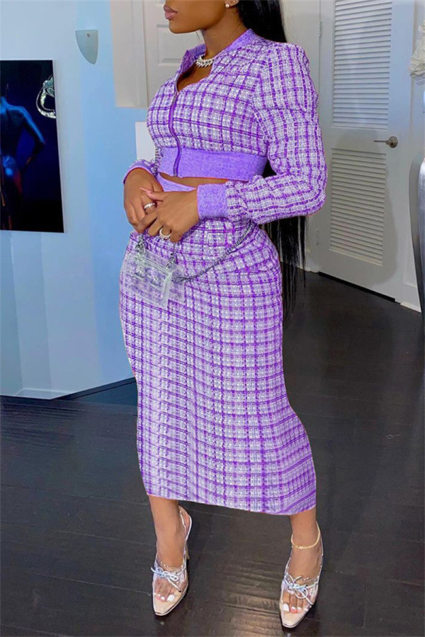 Purple Fashion Casual Print Basic Zipper Collar Long Sleeve Two Pieces