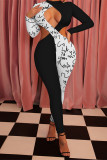 Black Fashion Sexy Patchwork Print Hollowed Out O Neck Skinny Jumpsuits