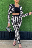 White Sexy Plaid Print Leopard Patchwork Long Sleeve Two Pieces