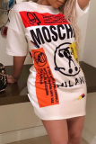 White Casual Fashion Cap Sleeve Short Sleeves O neck Step Skirt Mini Patchwork Colouring Print a