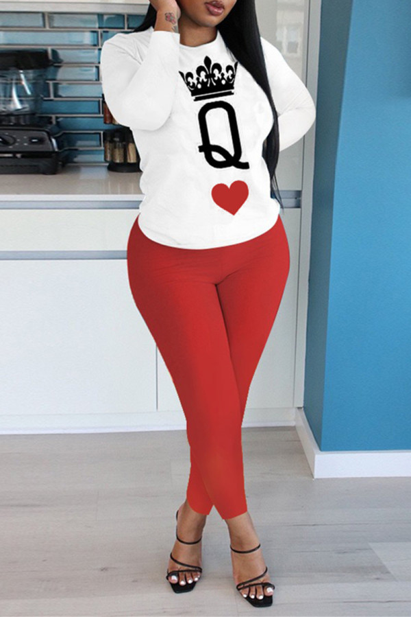 Red Fashion Casual Print Basic O Neck Long Sleeve Two Pieces