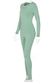 Green Fashion Casual Solid Patchwork Zipper O Neck Skinny Jumpsuits