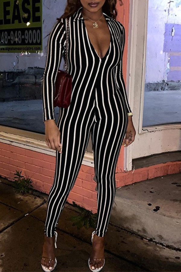 Black Fashion Casual Striped Print Basic V Neck Skinny Jumpsuits
