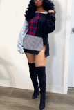 Black Fashion Casual Plaid Print Patchwork Hooded Collar Long Sleeve Dress