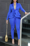 Blue Fashion Casual Solid Split Joint Flounce Turndown Collar Long Sleeve Two Pieces