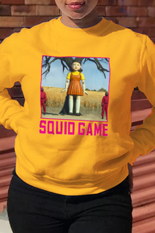 Yellow Street Cute Print Split Joint Letter O Neck Tops (squid game)