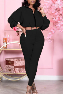 Black Fashion Casual Solid Fold Zipper Collar Long Sleeve Two Pieces