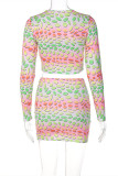 Colour Fashion Casual Print Basic O Neck Long Sleeve Two Pieces