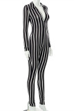Black Fashion Casual Striped Print Basic V Neck Skinny Jumpsuits