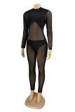 Black Fashion Sexy Patchwork See-through O Neck Skinny Jumpsuits