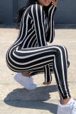 Black Fashion Casual Striped Print Basic V Neck Skinny Jumpsuits
