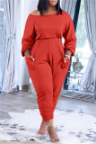 Red Fashion Casual Solid Pocket Oblique Collar Regular Jumpsuits