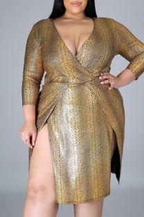 Gold Sexy Print Split Joint Slit V Neck One Step Skirt Plus Size Dresses
