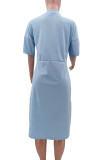 Light Blue Fashion Casual Solid Basic V Neck Short Sleeve Dress
