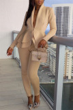 Khaki Fashion Casual Solid Split Joint Flounce Turndown Collar Long Sleeve Two Pieces