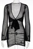 Black Sexy Solid Bandage See-through V Neck Long Sleeve Dresses