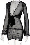 Black Sexy Solid Bandage See-through V Neck Long Sleeve Dresses