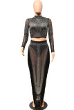 Gold Sexy Solid Tassel Patchwork See-through Asymmetrical Hot Drill Half A Turtleneck Long Sleeve Two Pieces