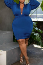 Blue Sexy Solid Split Joint Fold V Neck One Step Skirt Plus Size Dresses