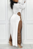White Sexy Solid Hollowed Out Patchwork Metal Accessories Decoration Slit O Neck Straight Dresses