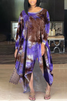 Purple Casual Print Tie Dye Split Joint Asymmetrical O Neck Irregular Dress Dresses