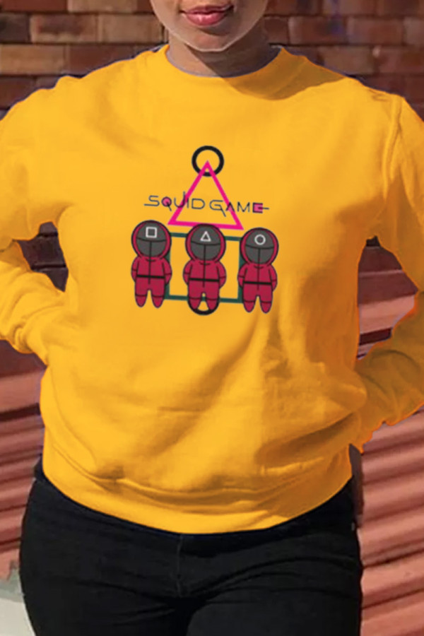 Yellow Casual Street Print Patchwork O Neck Tops (squid game)