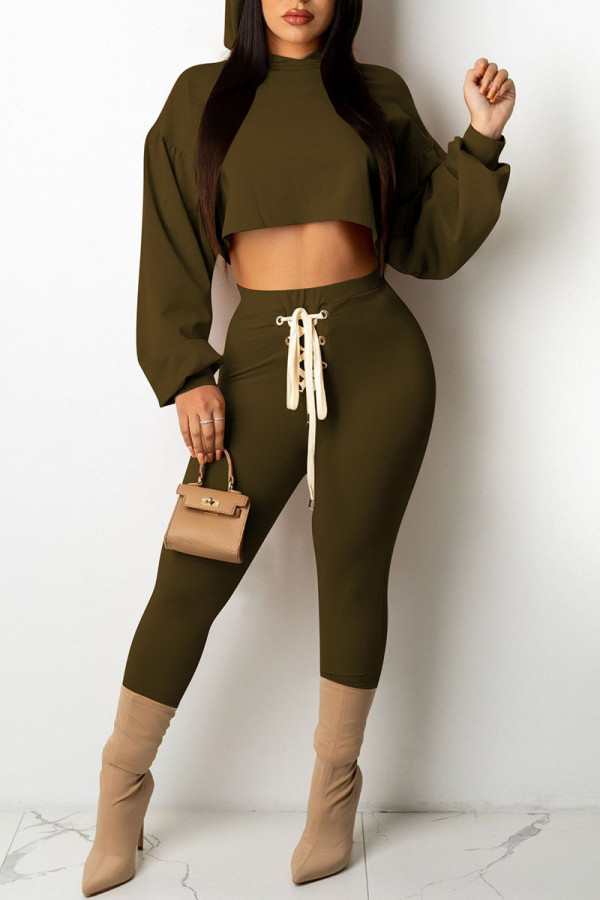 Ink Green Casual Solid Bandage Patchwork Hooded Collar Long Sleeve Two Pieces