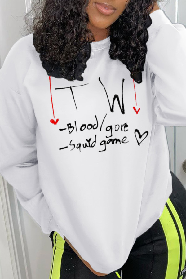 White Casual Street Print Patchwork Letter O Neck Tops (squid game)