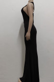 Black Sexy Solid Split Joint Backless Asymmetrical Halter One Step Skirt Dresses