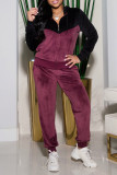 Fuchsia Casual Solid Patchwork Zipper Hooded Collar Long Sleeve Two Pieces