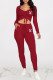 Burgundy Fashion Casual Print Draw String Square Collar Long Sleeve Two Pieces